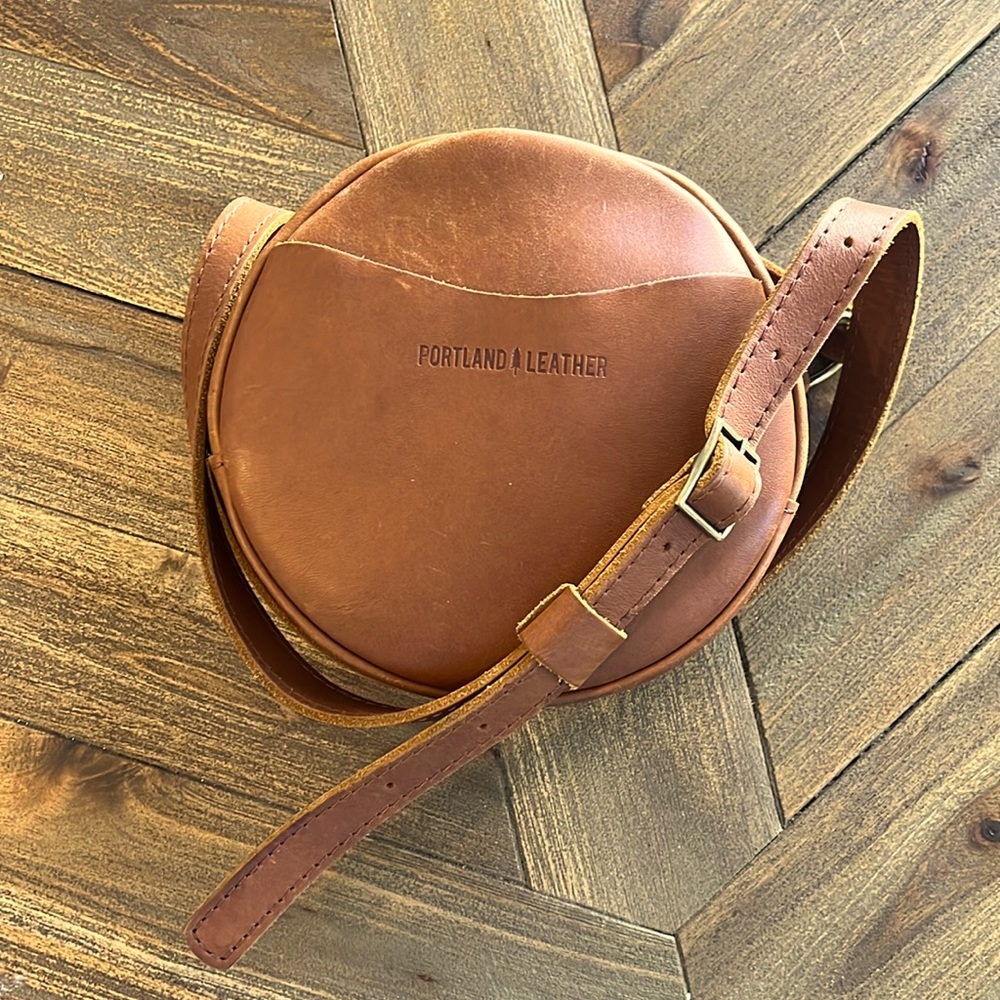 Portland leather, round crossbody purse and wallet.